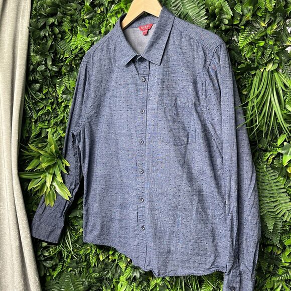 GUESS SHIRT Mens XL Blue Button Down Collared Chambray Denim Front Pocket 1813 - Picture 6 of 7